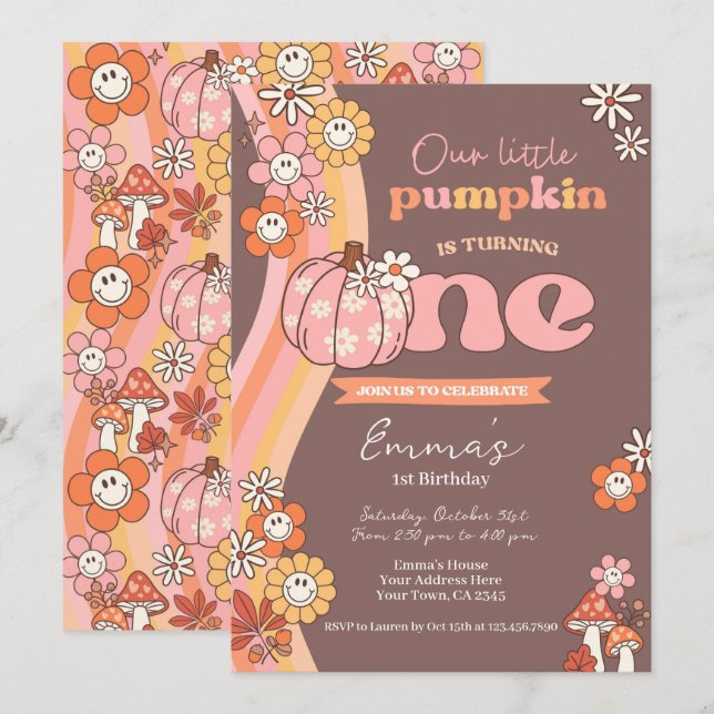 Little Pumpkin Retro 1st Birthday Invitation (Devant / Derrière)
