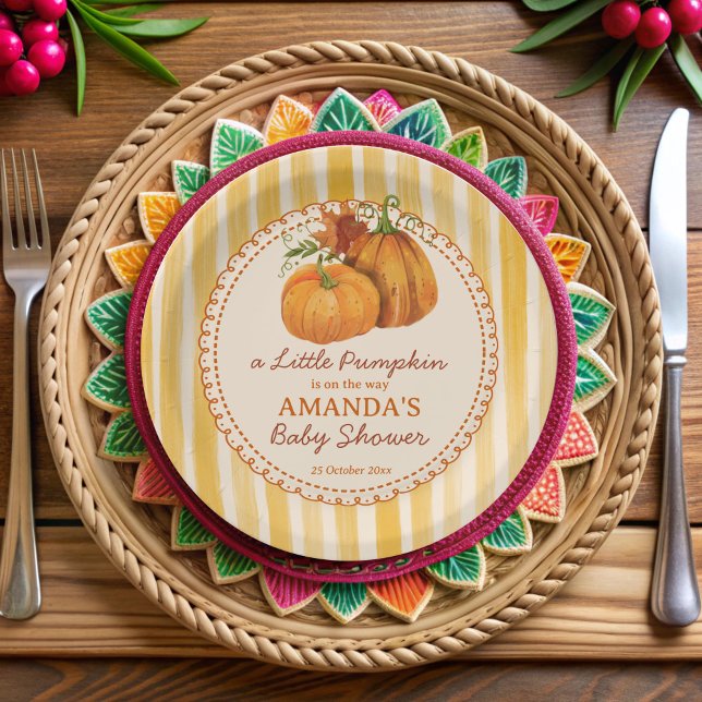 Little pumpkin retro stripes baby shower monogram pappteller (Little pumpkin retro yellow stripes fall baby shower monogrammed paper plates personalized decor)