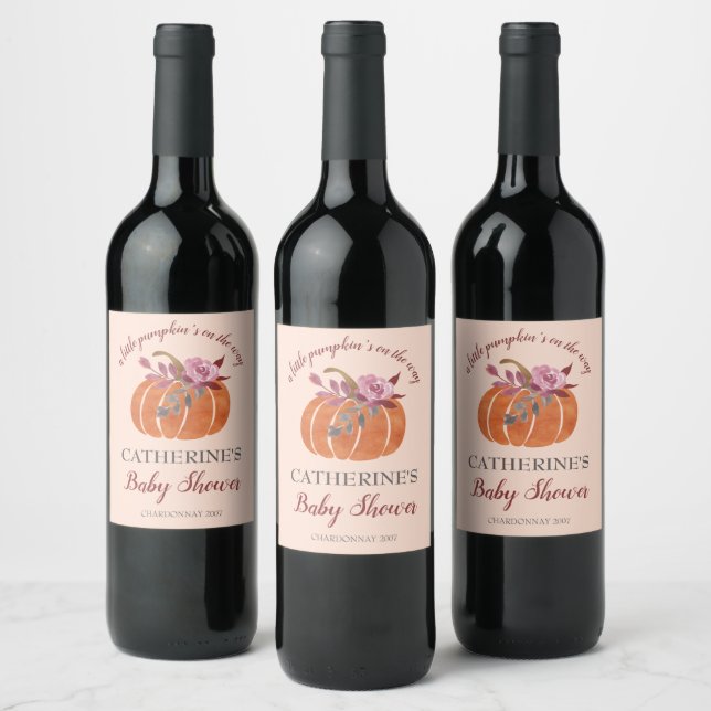 Little Pumpkin Rustic Autumn Floral Baby Shower Weinetikett (Flaschen)