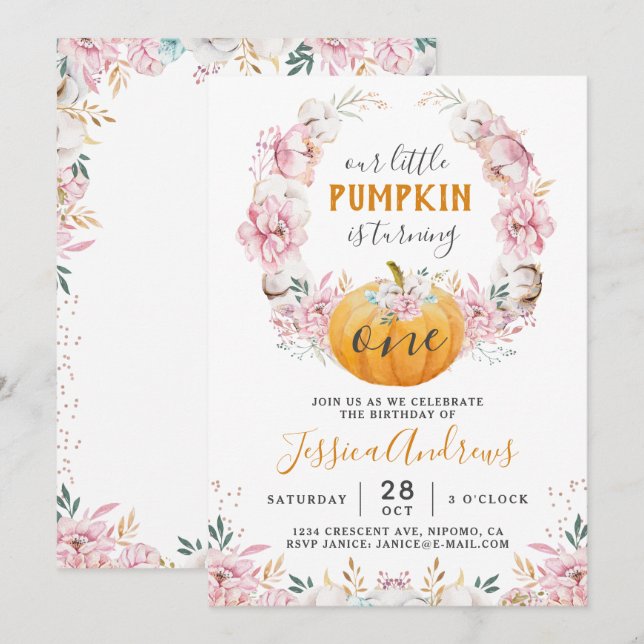 Little Pumpkin Rustic Cotton Floral ersten Geburts Einladung (Vorne/Hinten)