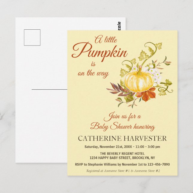 Little Pumpkin Rustic Fall Baby Dusche Einladung Postkarte (Vorne/Hinten)