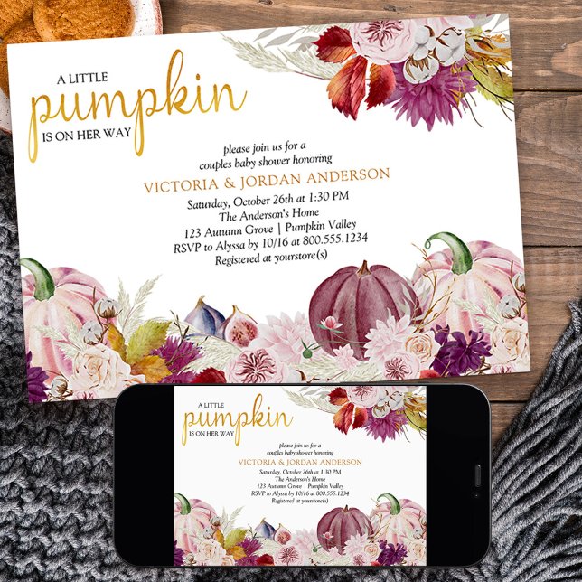 Little Pumpkin Rustic Floral Couples Baby Dusche Einladung (Fall baby shower with pink pumpkins and autumn theme from my Little Pumpkin collection)