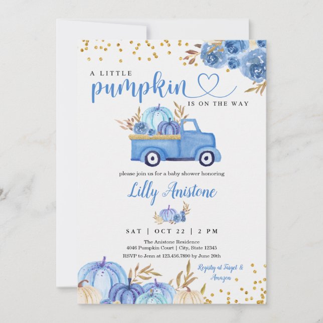 Little Pumpkin Truck Fall Baby Boy Dusche Einladung (Vorderseite)