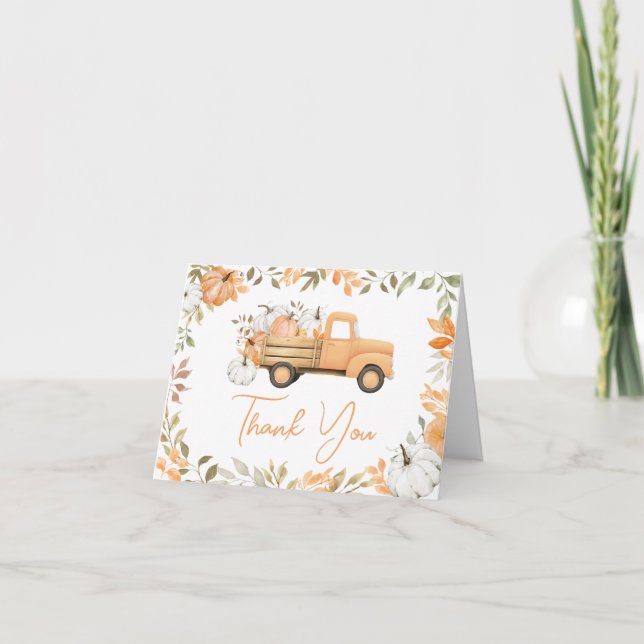 Little Pumpkin Truck Fall Baby Dusche Dankeskarte (Vorderseite)