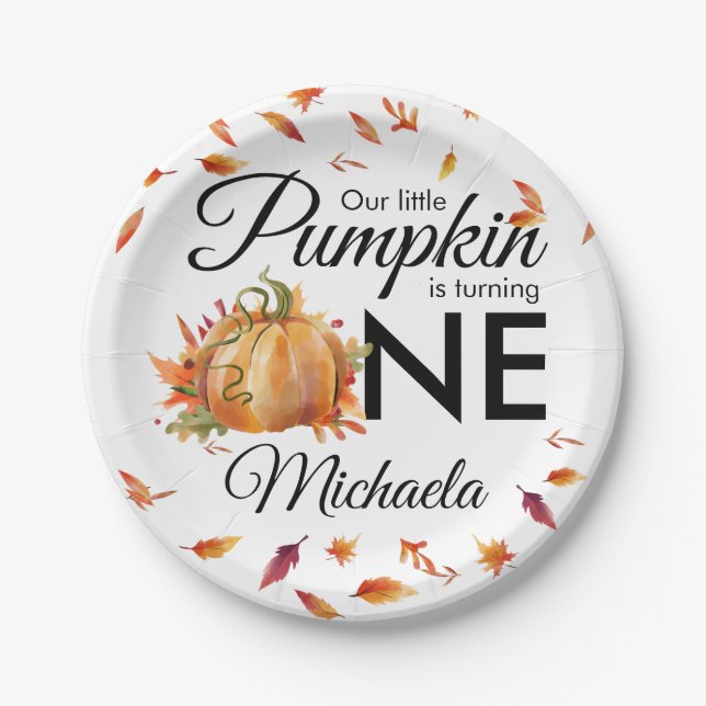 Little Pumpkin Turning One Herbst Birthday Pappteller (Vorderseite)