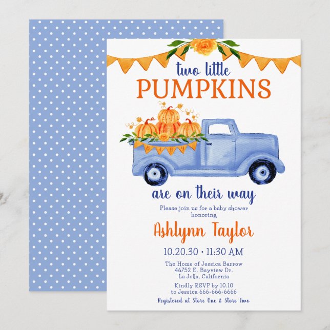 Little Pumpkin Twin Boy Baby Shower Einladung (Vorne/Hinten)