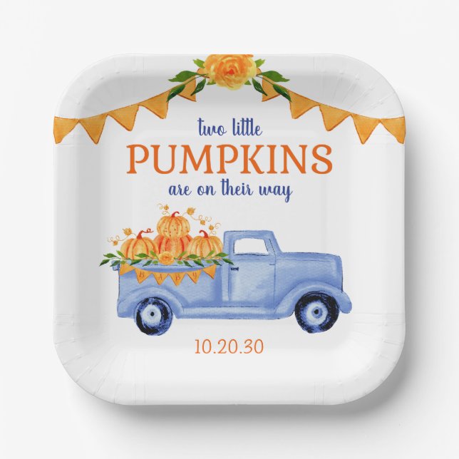 Little Pumpkin Twin Boy Baby Shower Pappteller (Vorderseite)