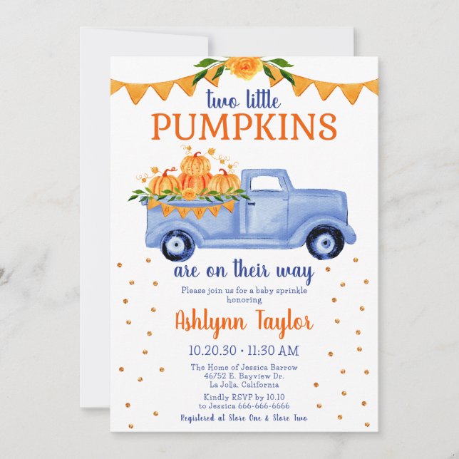 Little Pumpkin Twin Boy Baby Sprinkle Einladung (Vorderseite)