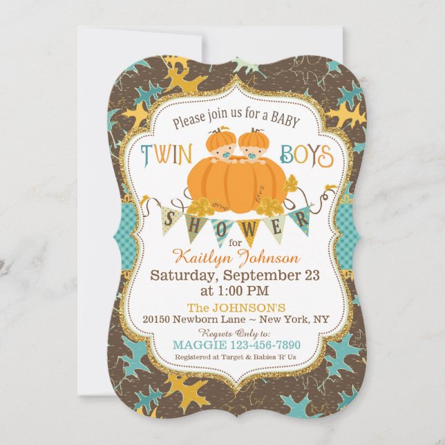 Little Pumpkin Twin Boys Herbstlaubs Kinderdusche Einladung (Vorderseite)