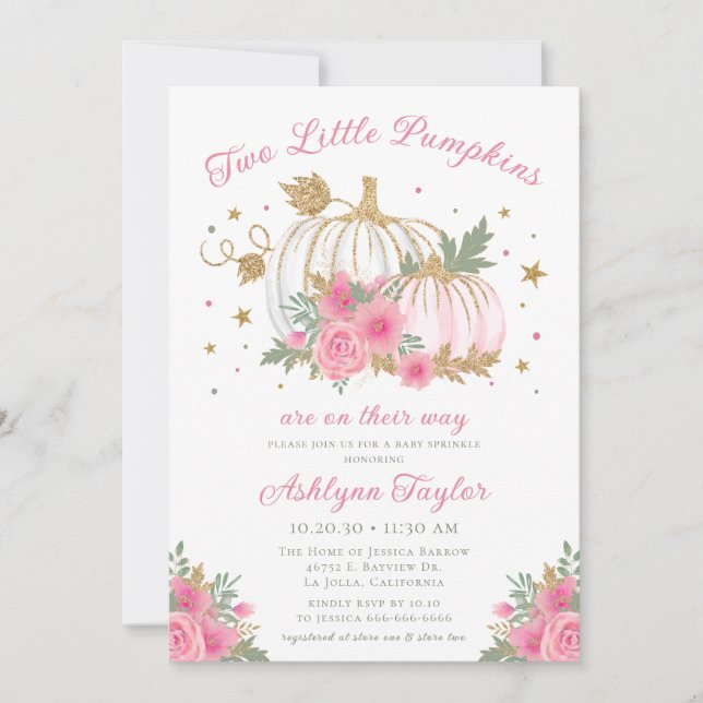 Little Pumpkin Twin Girl Baby Sprinkle Einladung (Vorderseite)