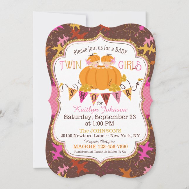 Little Pumpkin Twin Girls Herbstlaubs Kinderdusche Einladung (Vorderseite)
