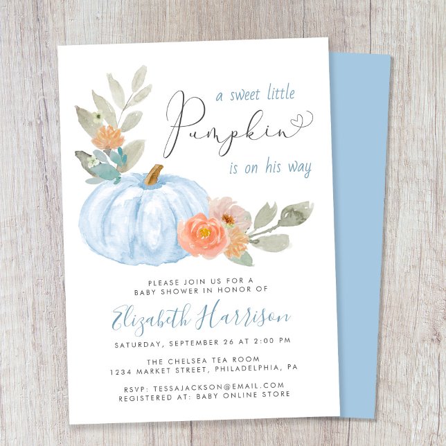 Little Pumpkin Watercolor Baby Boy Dusche Einladung (Celebrate the upcoming arrival of your sweet little autumn baby with a pumpkin-themed baby shower)