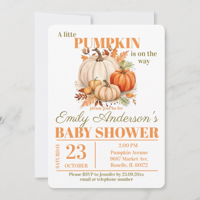 Little Pumpkin Watercolor Babydusche Einladung (Vorderseite)