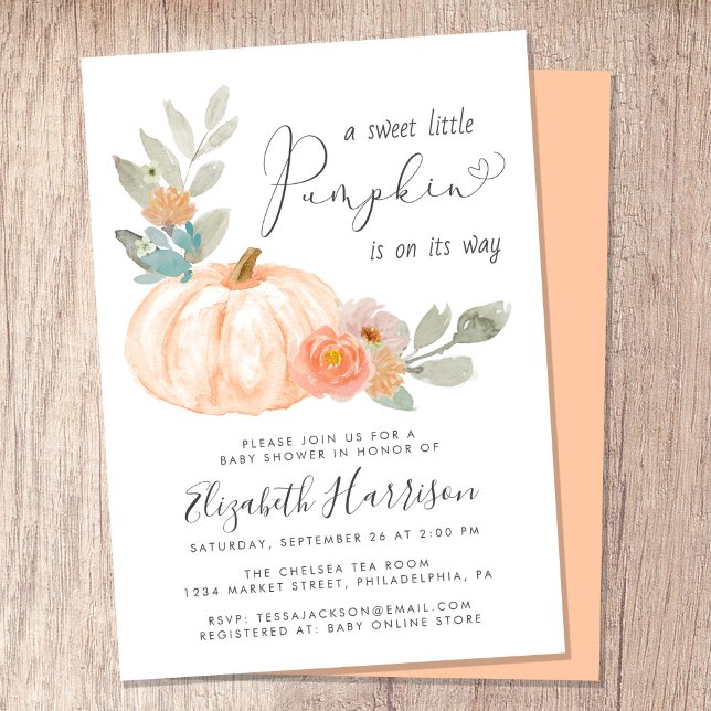 Little Pumpkin Watercolor Babydusche Einladung (Celebrate the upcoming arrival of your sweet little autumn baby with a pumpkin-themed baby shower)