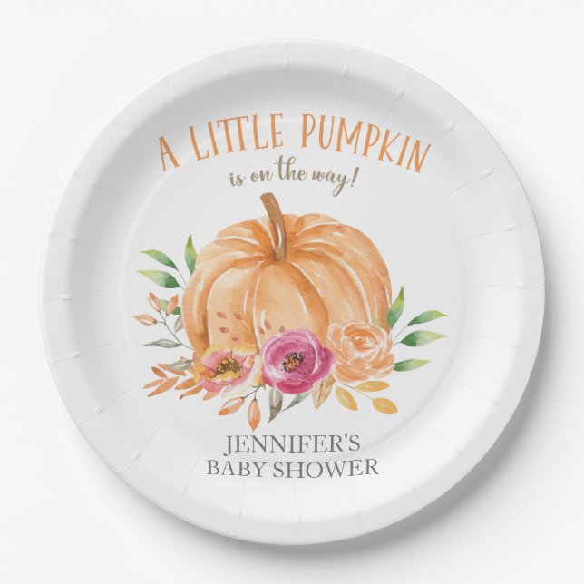 Little Pumpkin Watercolor Floral Baby Dusche Pappteller (Vorderseite)