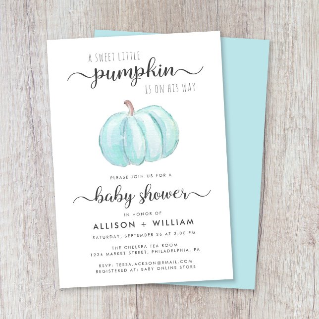 Little Pumpkin Watercolor Paare Baby Boy Dusche Einladung (Celebrate the upcoming arrival of your autumn baby boy with a pumpkin-themed couples baby shower)