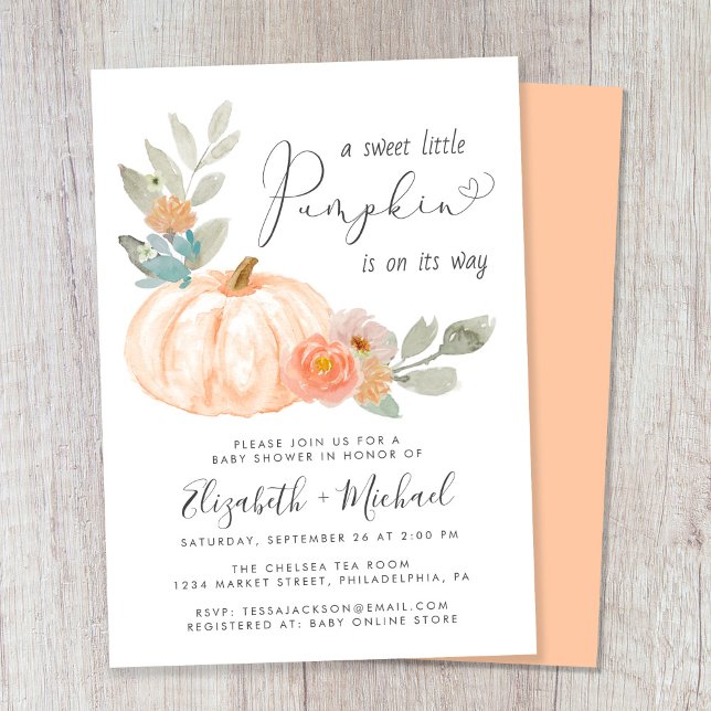 Little Pumpkin Watercolor Paare Kinderdusche Einladung (Celebrate the upcoming arrival of your sweet little autumn baby with a pumpkin-themed baby shower)