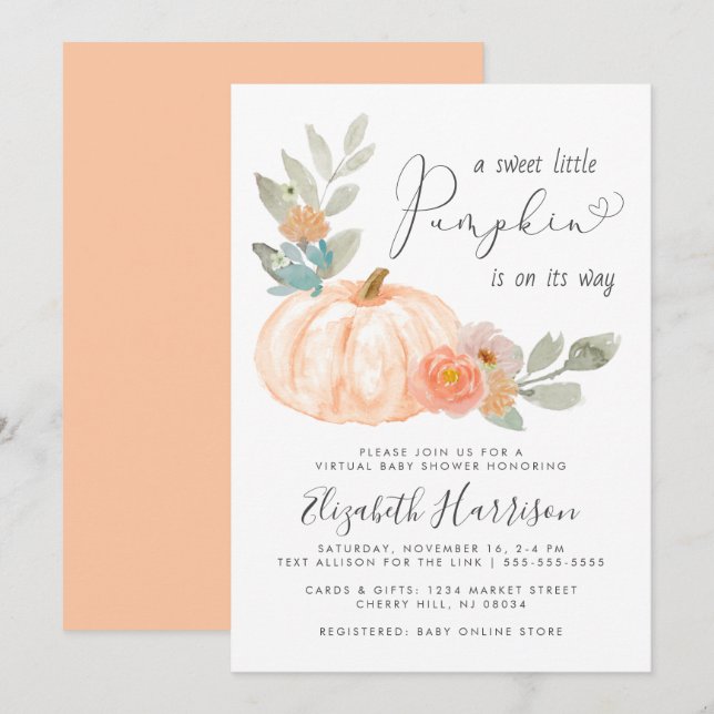 Little Pumpkin Watercolor Virtual Baby Dusche Einladung (Vorne/Hinten)