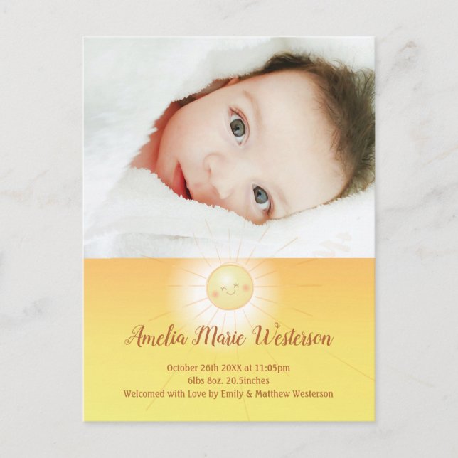 Little Ray of Sunshine Baby Birth Ankündigung Postkarte (Vorderseite)
