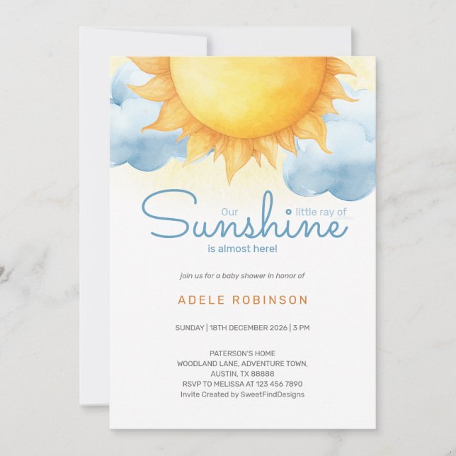 Little Ray of Sunshine Baby Boy Shower Einladung (Vorderseite)