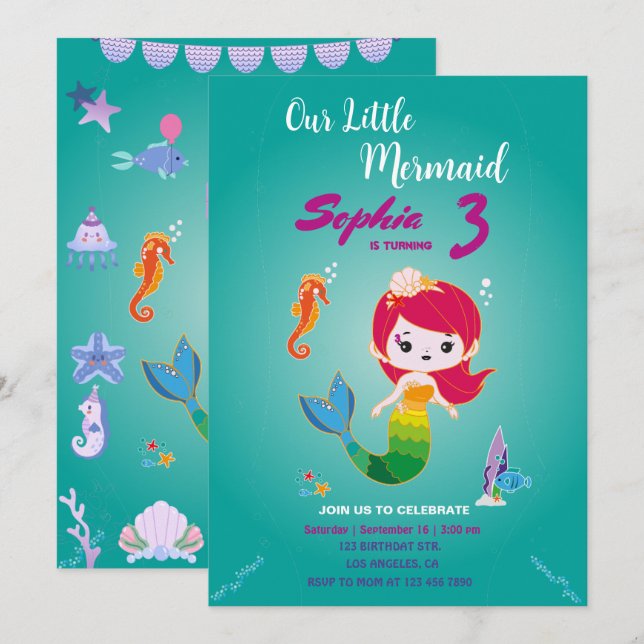 Little Red Head Mermaid Birthday Party Einladung (Vorne/Hinten)