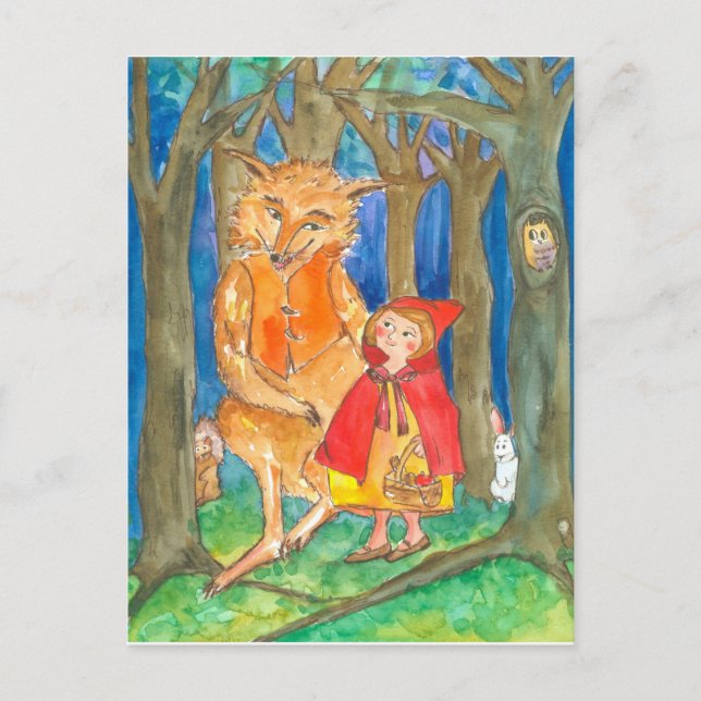 Little Red Riding Hood Wolf Owl Forest Postkarte (Vorderseite)