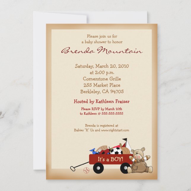 Little Red Wagon Sports Theme Boy Baby Shower Einladung (Vorderseite)