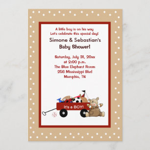 Little Red Wagon & Teddy Bear 5x7 Invitation 2 côt