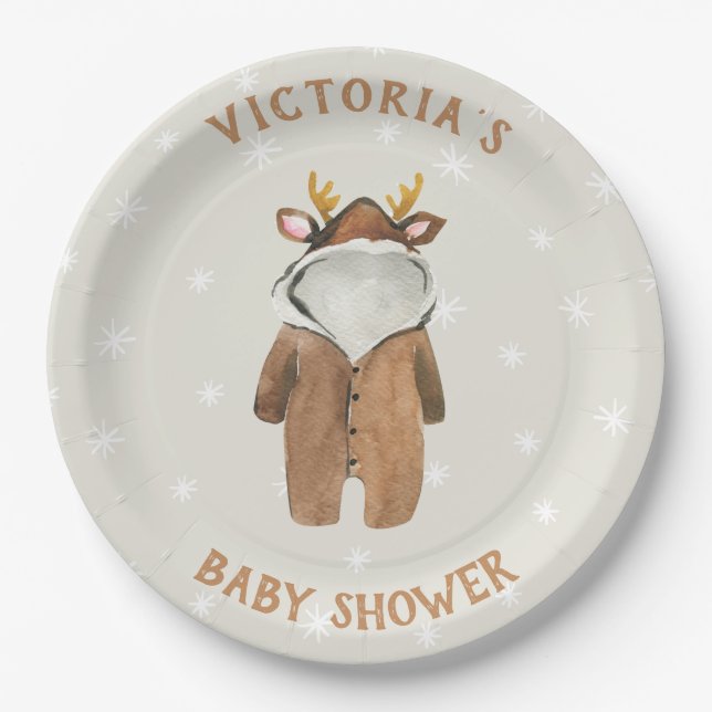 Little Reindeer Christmas Winter Baby Shower Pappteller (Vorderseite)