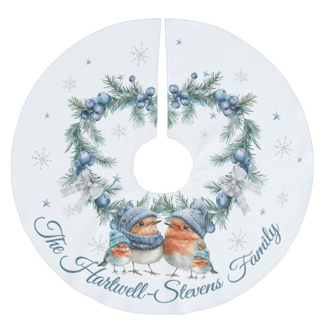 Little Robin Family & Christmas Foliage Polyester Weihnachtsbaumdecke (Vorderseite)