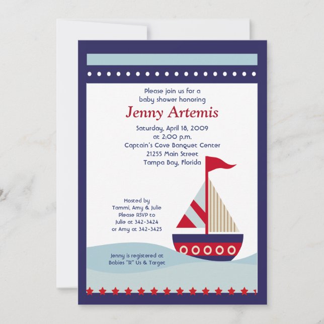 Little Sailboat Navy Boot Nautical Baby Shower 12x Einladung (Vorderseite)