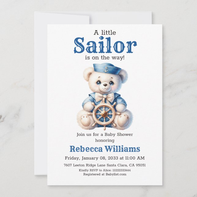 Little Sailor Nautical Blue Bear Boy Baby Dusche Einladung (Vorderseite)