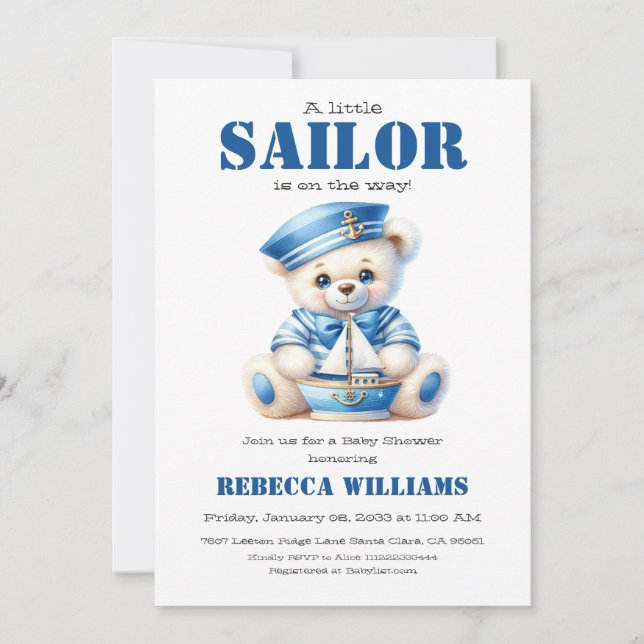 Little Sailor Nautical Blue Bear Boy Baby Dusche Einladung (Vorderseite)