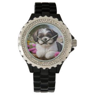 Little Shih Tzu Puppy-Basket-Blume Armbanduhr