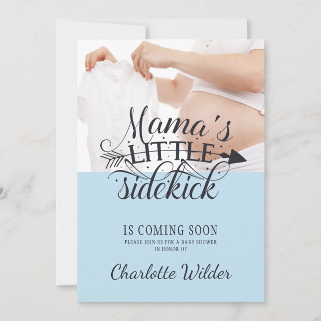 Little Sidekick Baby Bump Blue Boy Baby Shower Inv Einladung (Vorderseite)