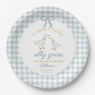 Little Silly Goose Bow Baby Shower Blue Gingham Pappteller