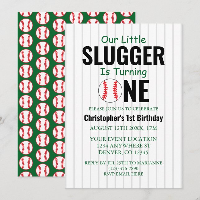 Little Slugger Baseball 1. Geburtstag Einladung (Vorne/Hinten)