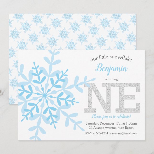 Little Snowflake Blue Silver Glitzer 1. Geburtstag Einladung (Vorne/Hinten)