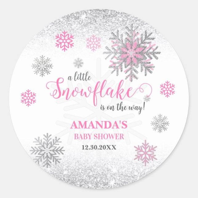 Little Snowflake Pink Silver Glittery Baby Shower  Runder Aufkleber (Vorderseite)