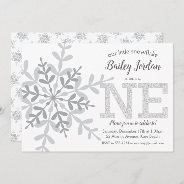 Little Snowflake Silver Glitzer 1. Geburtstag Einladung (Vorne/Hinten)