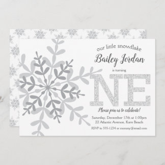 Little Snowflake Silver Glitzer 1. Geburtstag Einladung