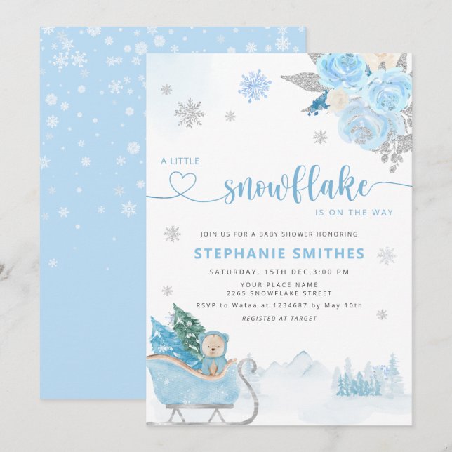 Little Snowflake Teddy Bear Winter Baby Shower Boy Einladung (Vorne/Hinten)