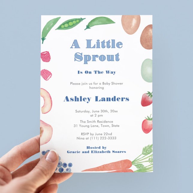 Little Sprout Bauern Market Baby Boy Dusche Einladung (Little Sprout Farmers Market shower invitation to welcome a baby boy. With original watercolor icons)