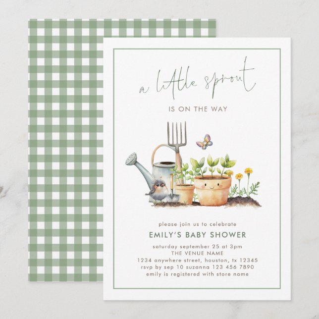 Little Sprout Border Sage Gingham Baby Shower  Einladung (Vorne/Hinten)