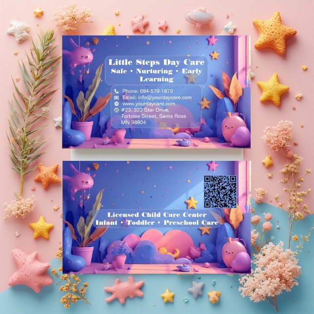 Little Steps Day Care QR Code Pastel Pink Violet Visitenkarte (Little Steps Day Care QR Code Pastel Pink Violet Business Card)