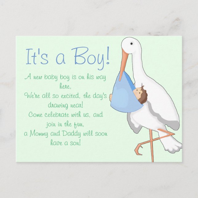 "Little Stork" Das ist ein Junge! Ankündigungspostkarte (Vorderseite)