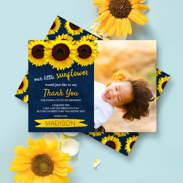 Little Sunflower Navy Blue Foto Geburtstag Dankeskarte (Von Creator hochgeladen)
