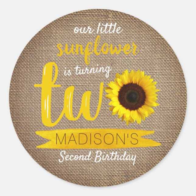 Little Sunflower Rustic Burlap 2. Geburtstag Runder Aufkleber (Vorderseite)
