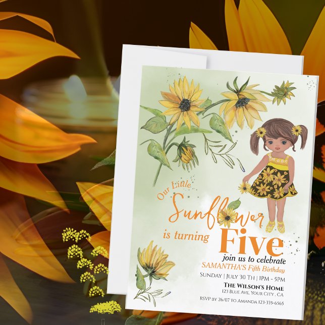 Little Sunflower Watercolor Fünftes Mädchen Geburt Einladung (Little Sunflower Watercolor Fifth Girl Birthday Invitation)