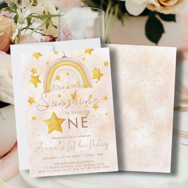 Little Sunshine Boho Rainbow Gold Star Geburtstag Einladung (Von Creator hochgeladen)